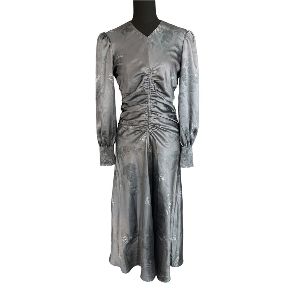 Yakira Bella Audrey Dress Long Sleeve Women's M Stone Blue Ruched Maxi NWT $168